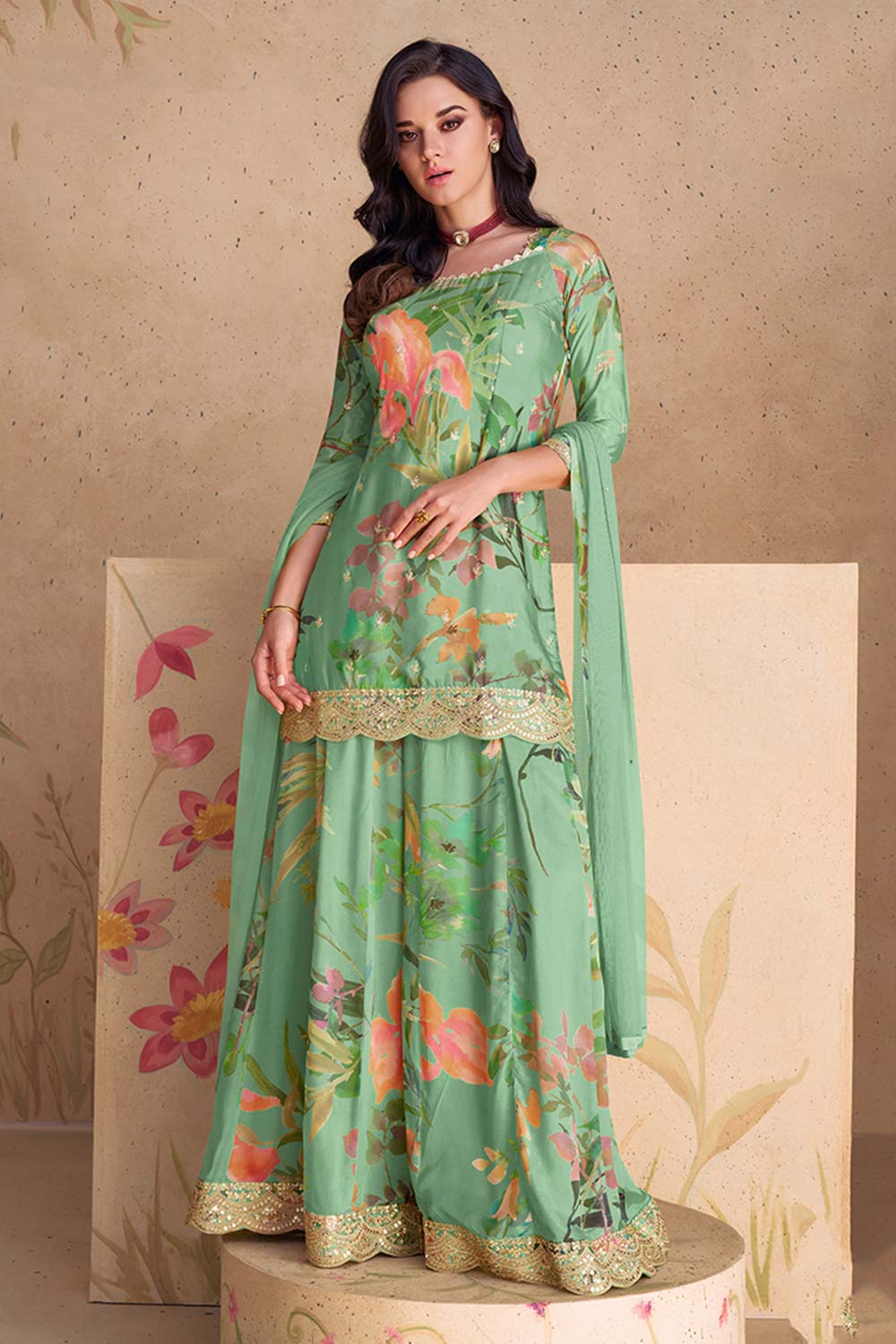 Sea Green Chinon Embroidered Sequence Work Trendy Salwar Kameez