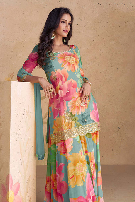 Chinon Embroidered Aqua Blue Trendy Salwar Kameez