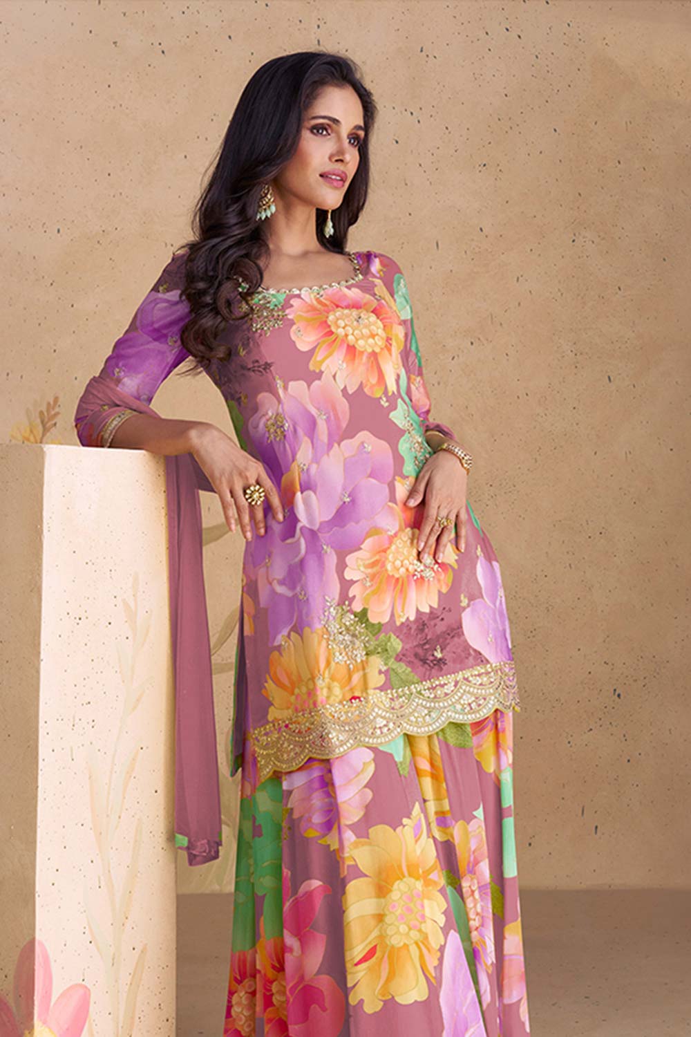 Mauve Chinon Embroidered Readymade Salwar Kameez