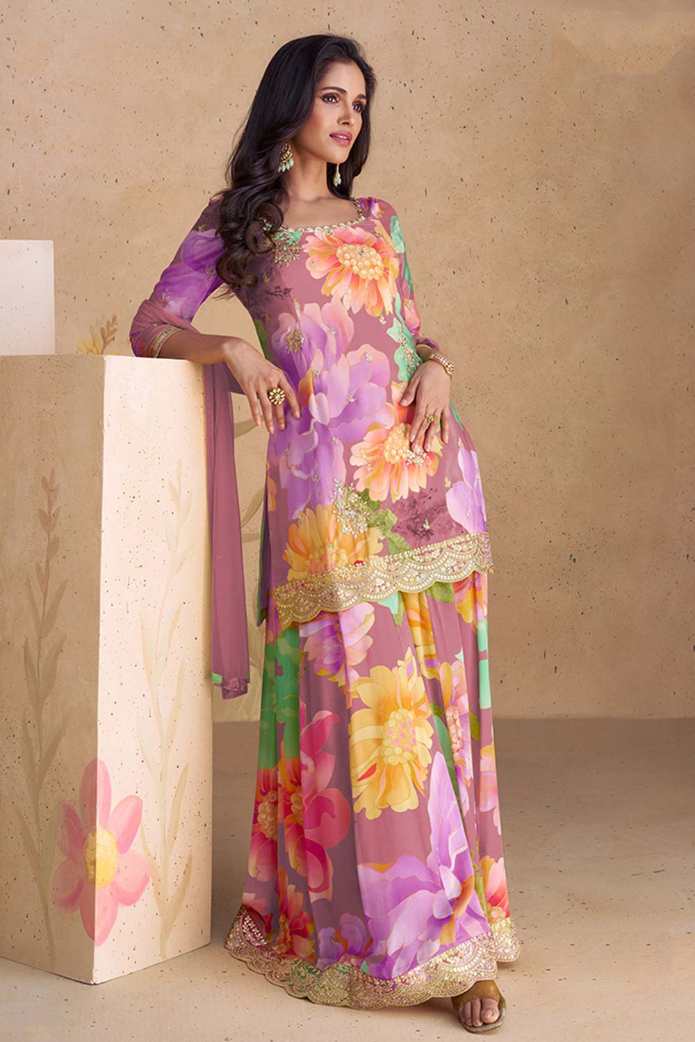 Mauve Chinon Embroidered Readymade Salwar Kameez