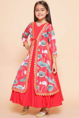 Red Polyester Printed Flared V-Neck Dresses