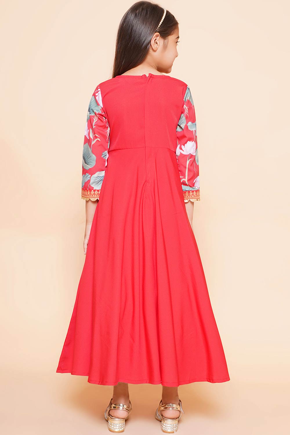 Red Polyester Printed Flared V-Neck Dresses