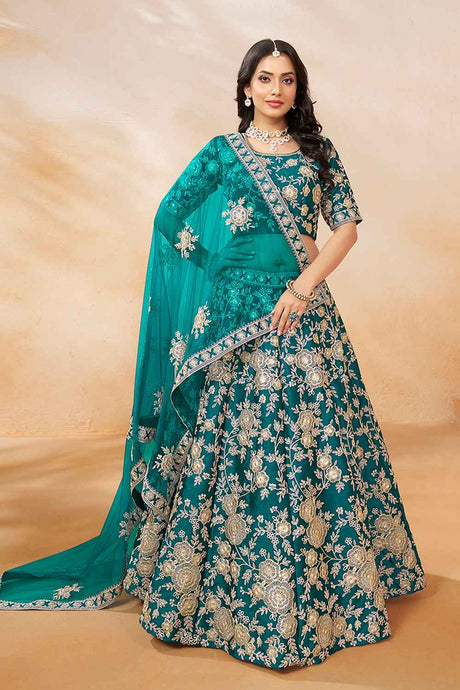 Turquoise Embroidered Art Silk Lehenga Set