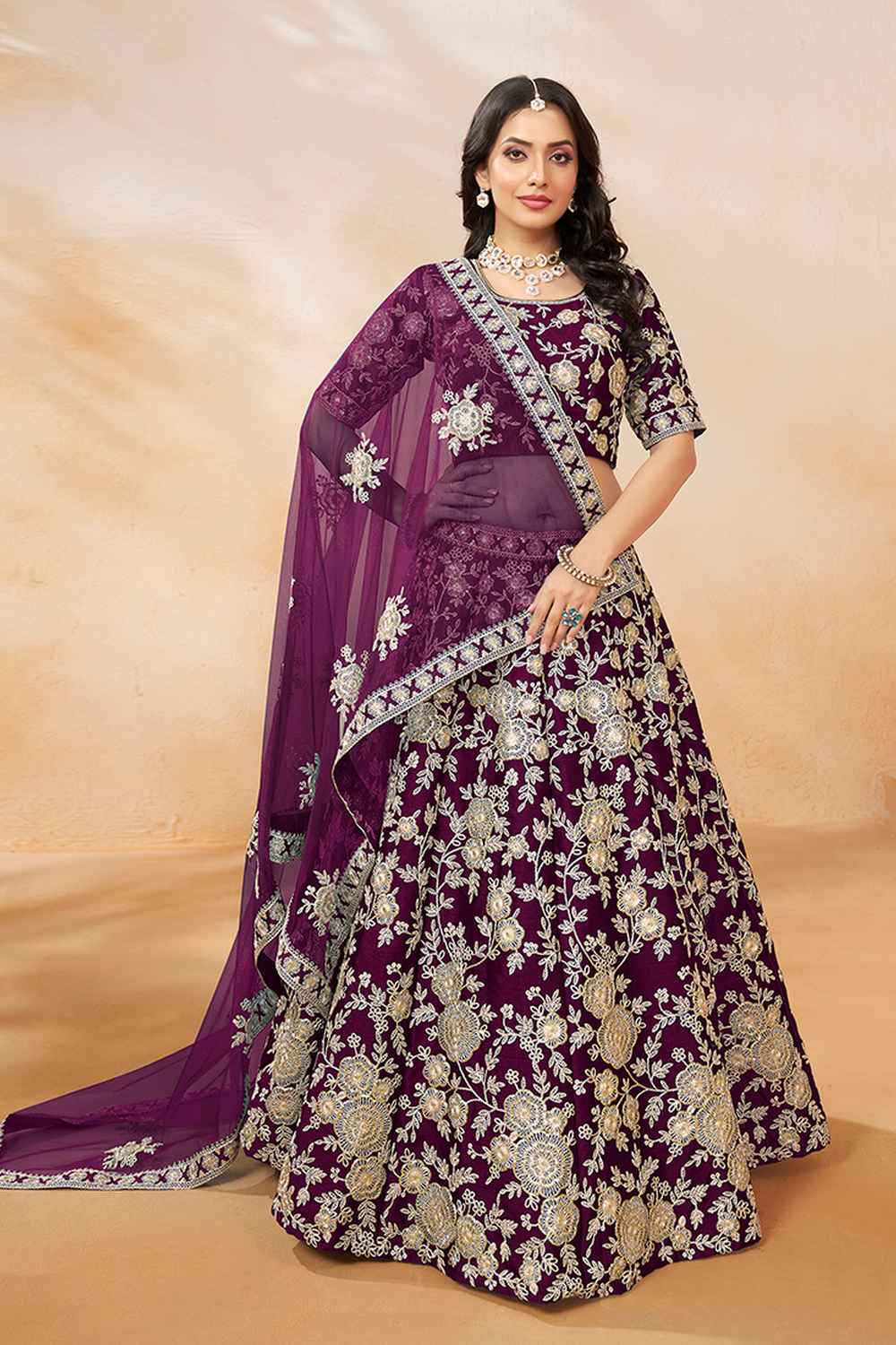 Violet Embroidered Art Silk Lehenga Set