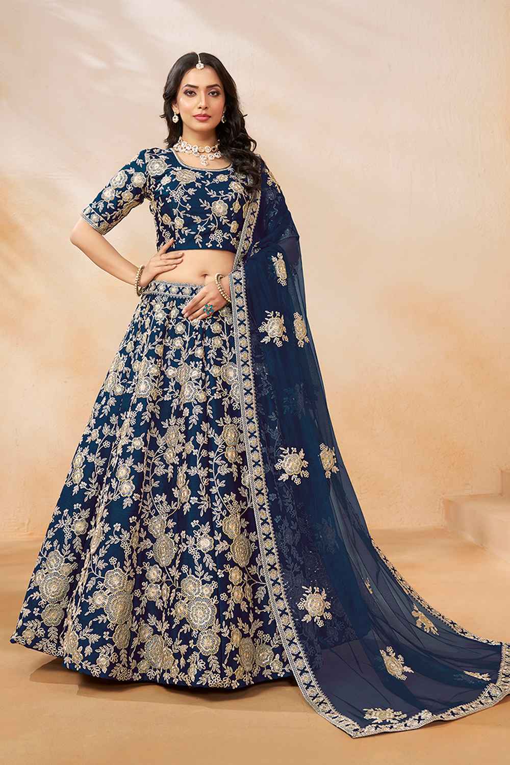 Blue Embroidered Art Silk Lehenga Set