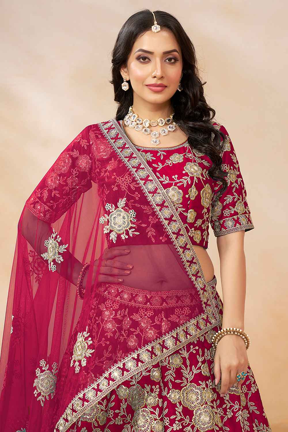 Pink Embroidered Art Silk Lehenga Set