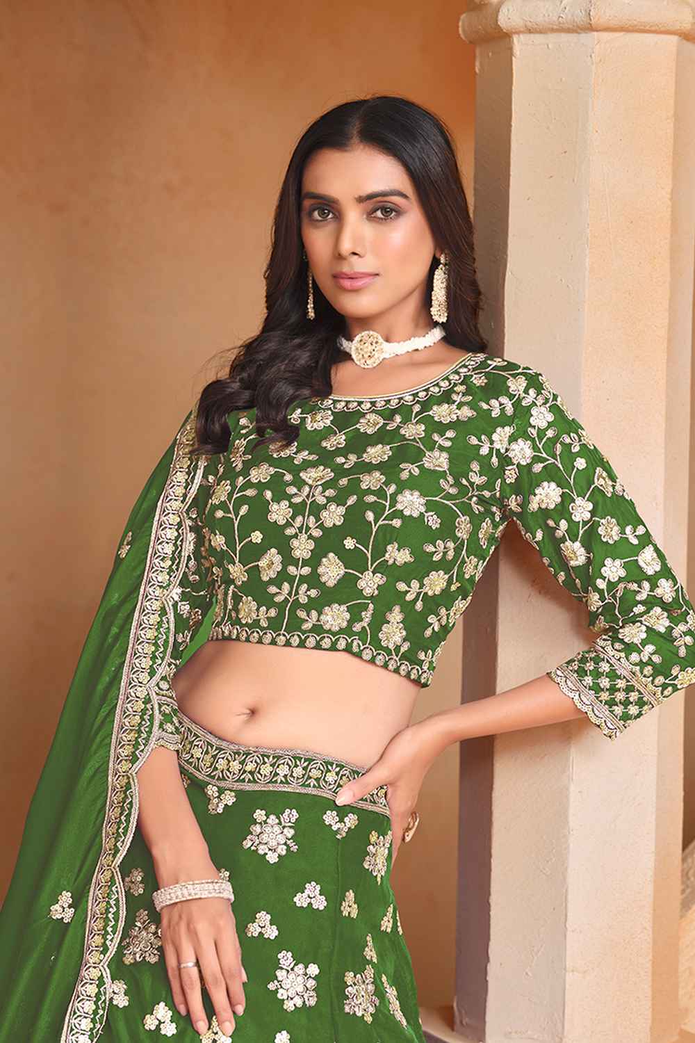 Green Embroidered Art Silk Lehenga Set