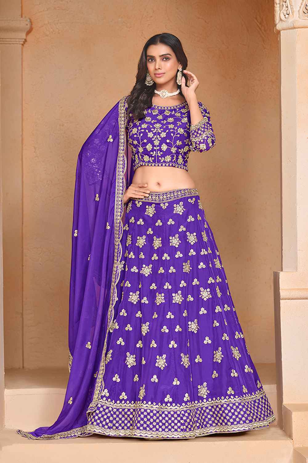 Violet Embroidered Art Silk Lehenga Set