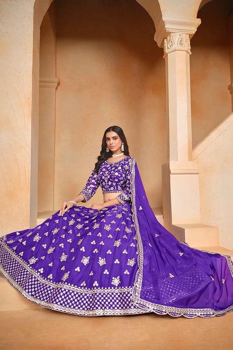 Violet Embroidered Art Silk Lehenga Set