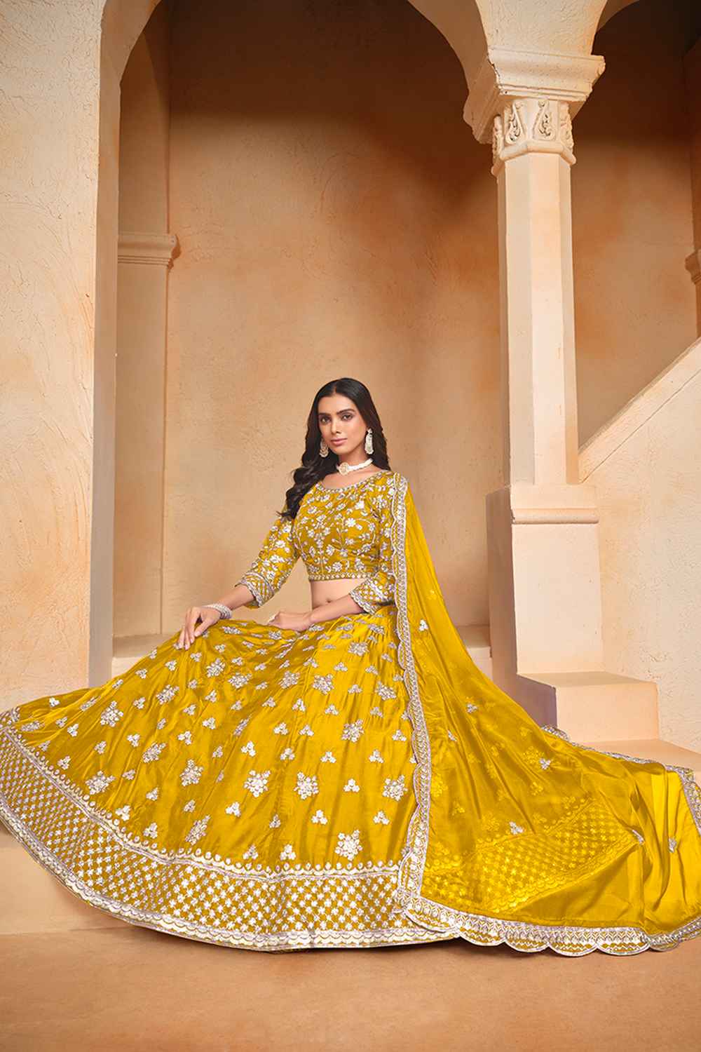 Yellow Embroidered Art Silk Lehenga Set