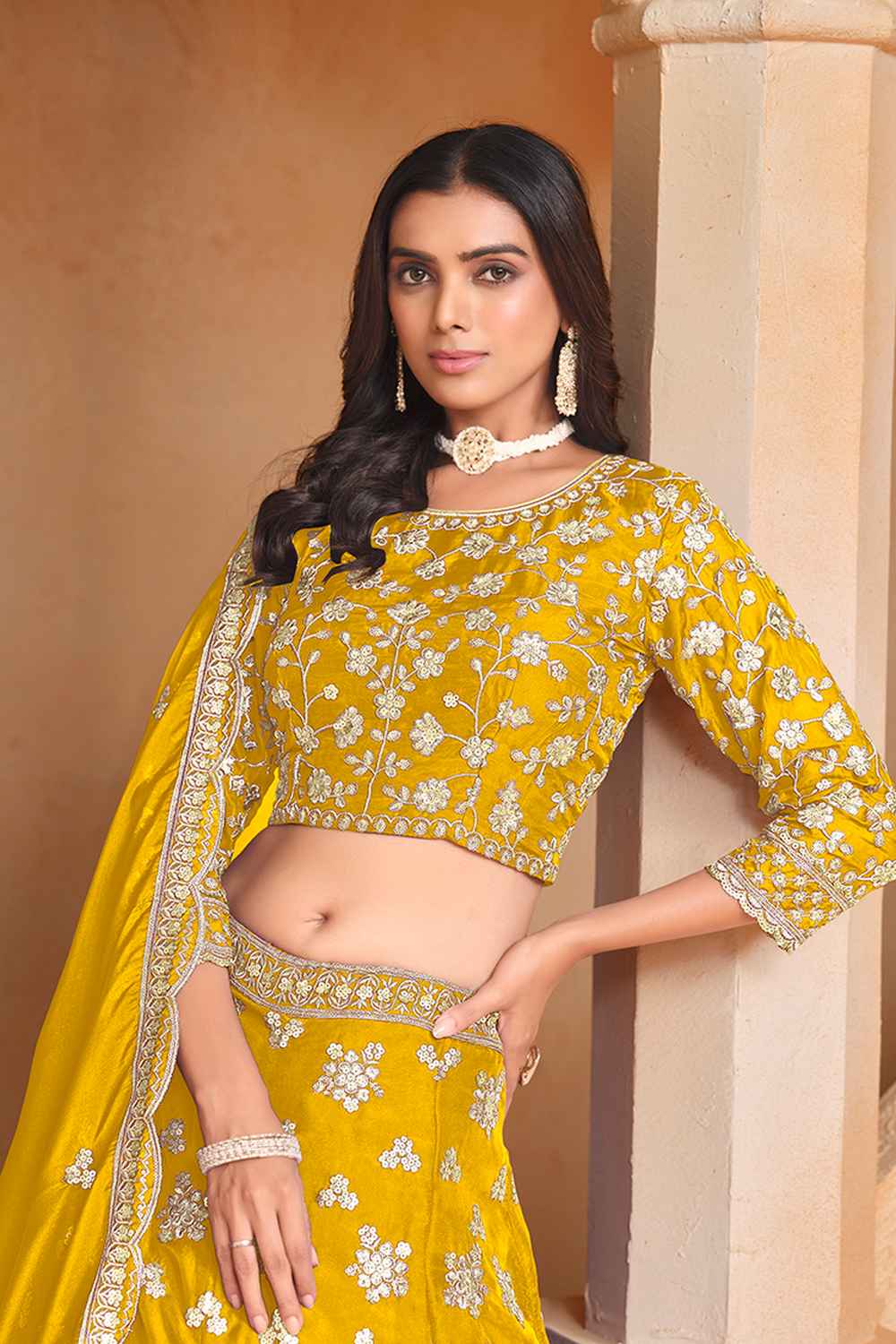 Yellow Embroidered Art Silk Lehenga Set