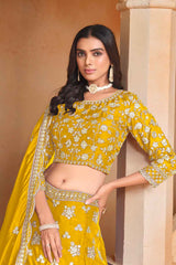 Yellow Embroidered Art Silk Lehenga Set