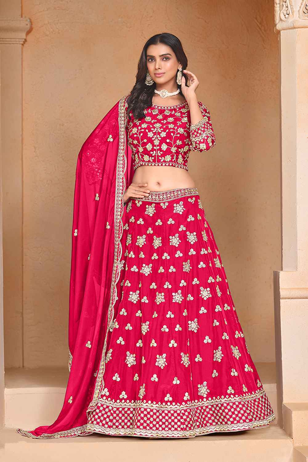 Pink Embroidered Art Silk Lehenga Set