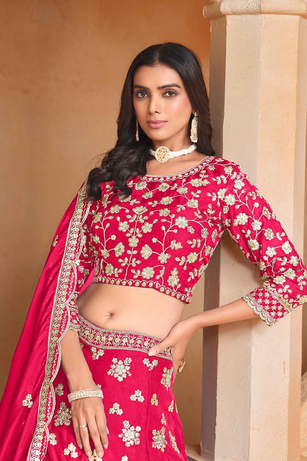 Pink Embroidered Art Silk Lehenga Set