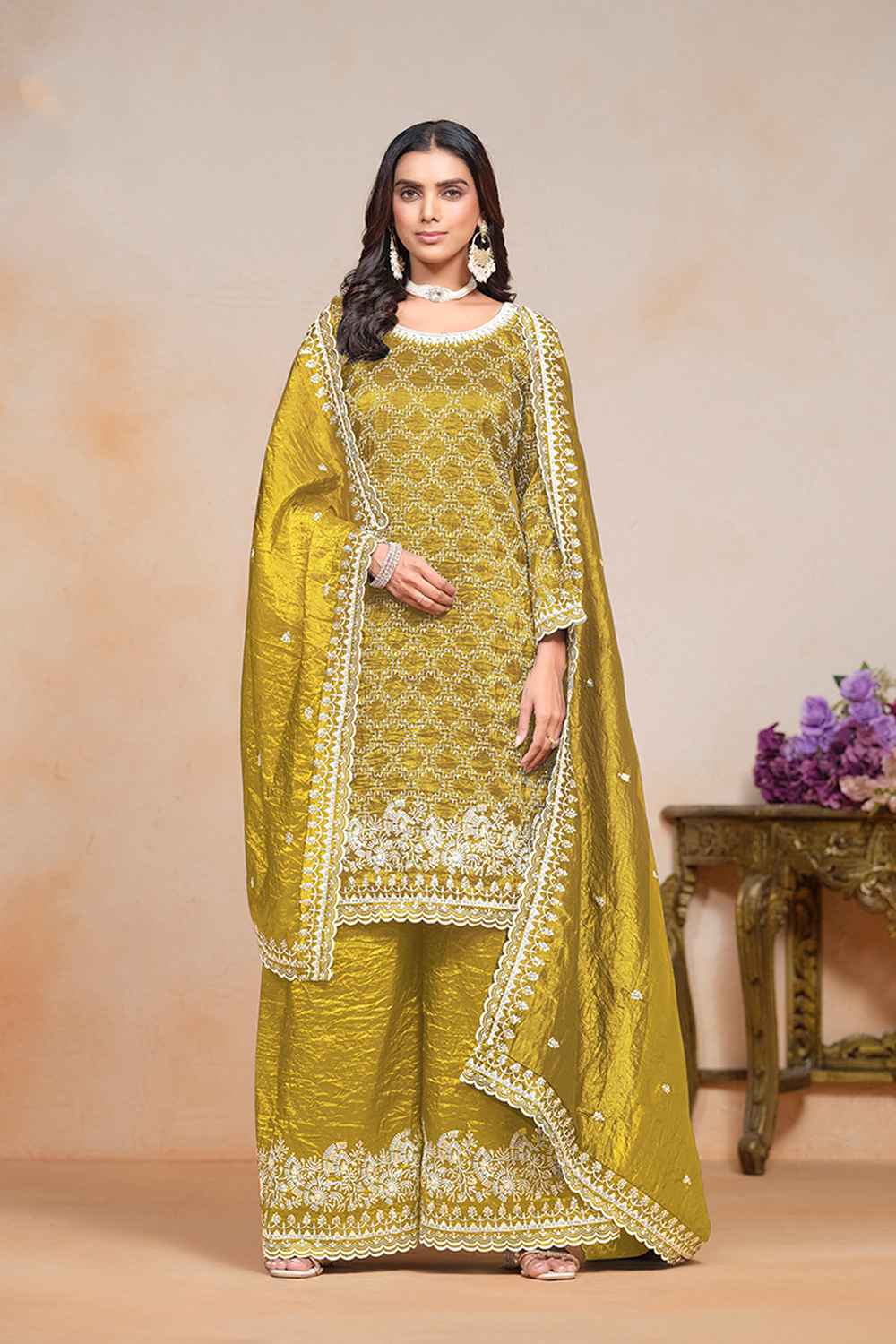 Yellow Embroidered Art Silk Salwar Kameez