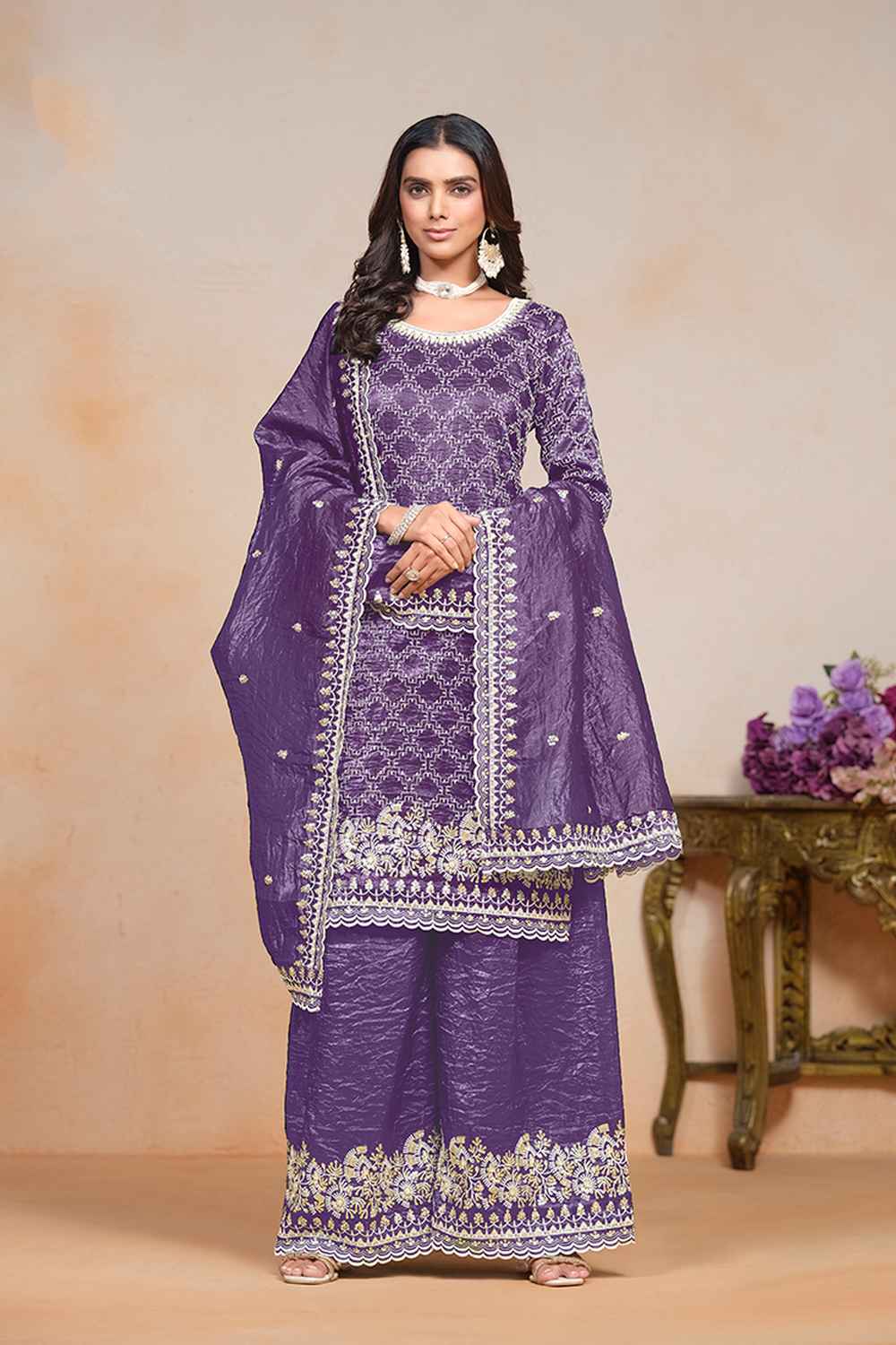 Violet Embroidered Art Silk Salwar Kameez