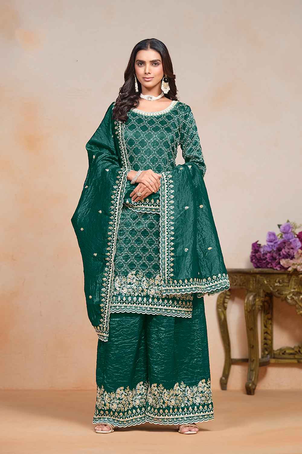 Green Embroidered Art Silk Salwar Kameez