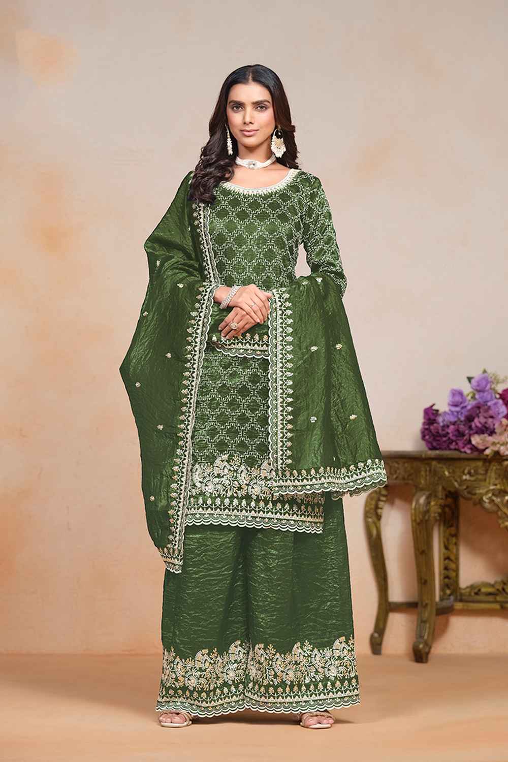 Green Embroidered Art Silk Salwar Kameez