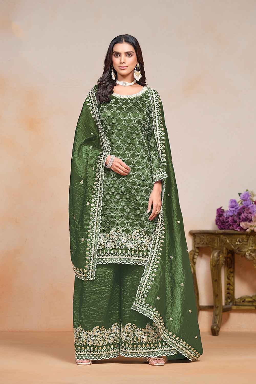 Green Embroidered Art Silk Salwar Kameez