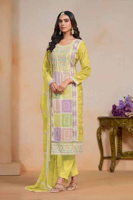 Yellow Embroidered Organza Salwar Suit