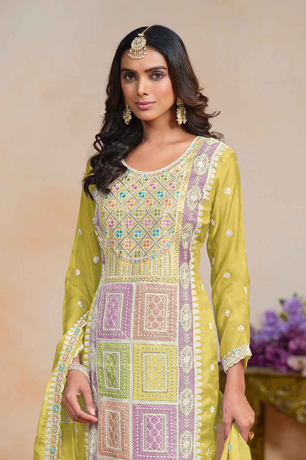 Yellow Embroidered Organza Salwar Suit