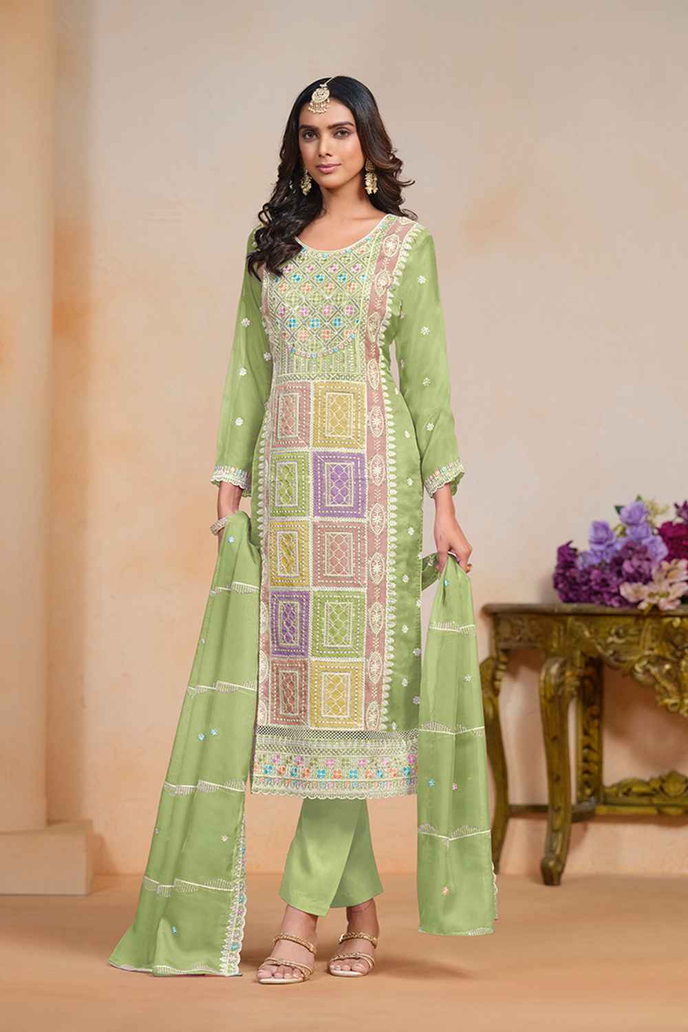 Green Embroidered Organza Salwar Suit