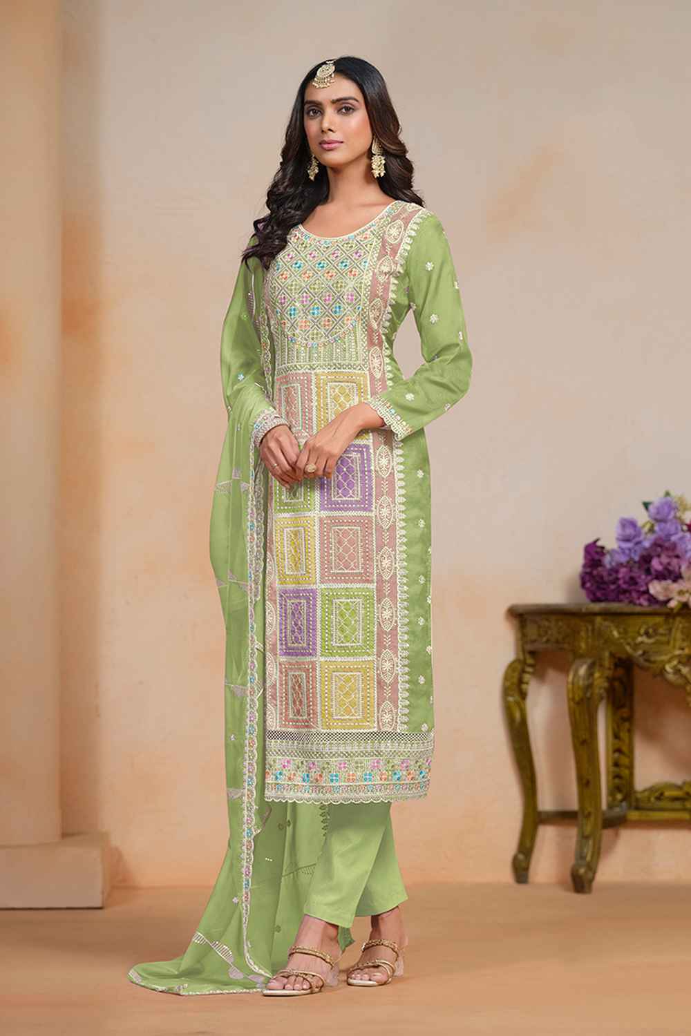 Green Embroidered Organza Salwar Suit