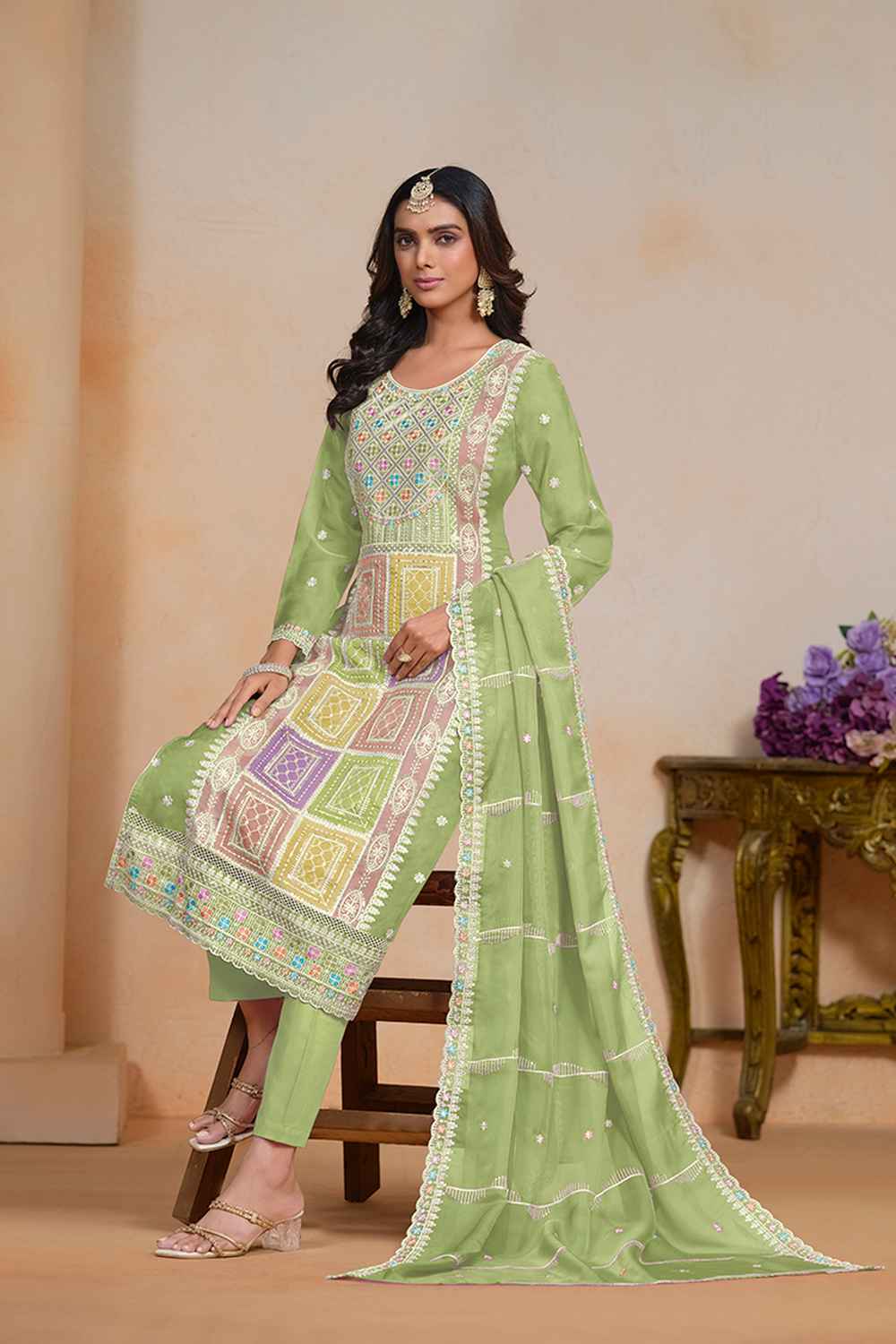 Green Embroidered Organza Salwar Suit