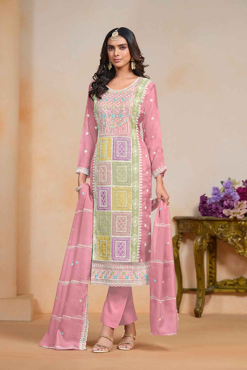 Pink Embroidered Organza Salwar Suit