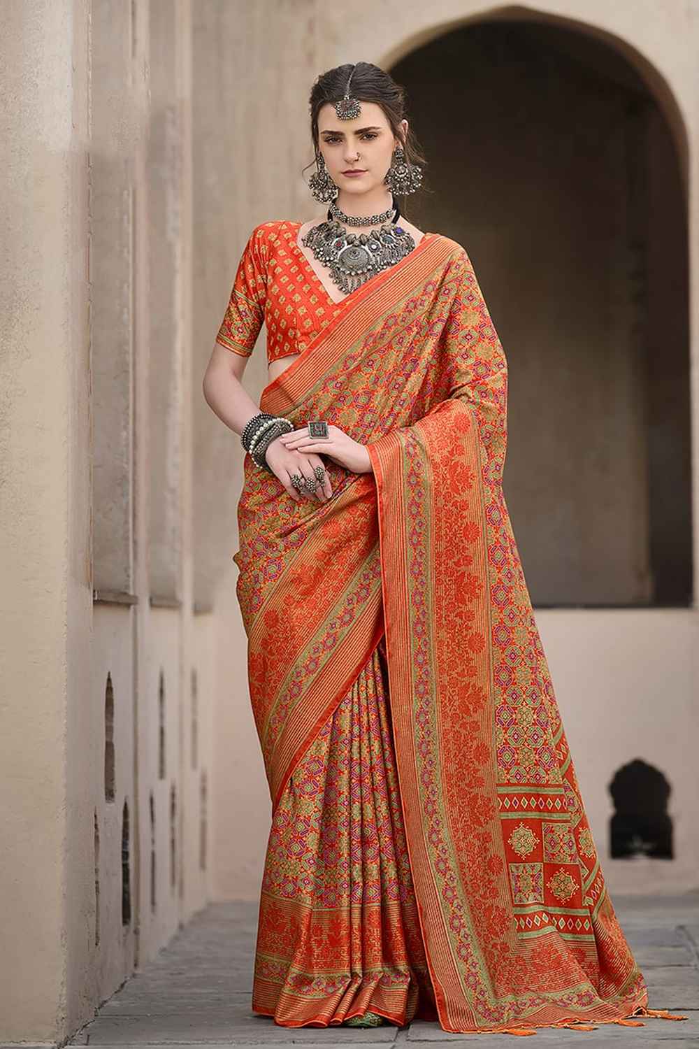 Orange Silk Printed Saree