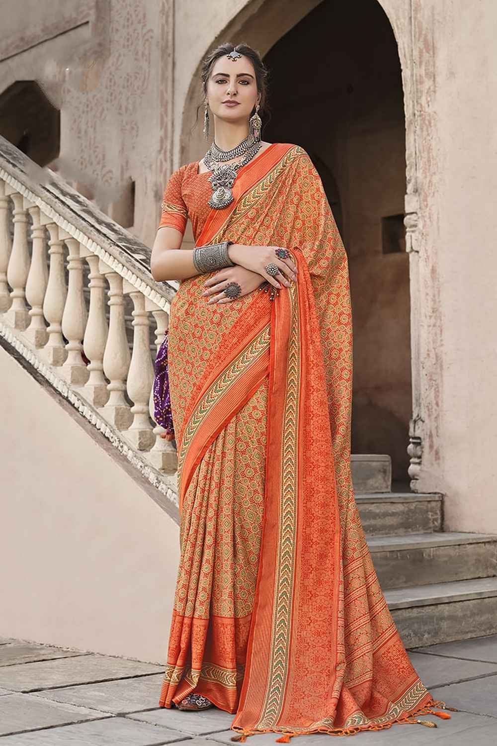 Orange Silk Printed Saree