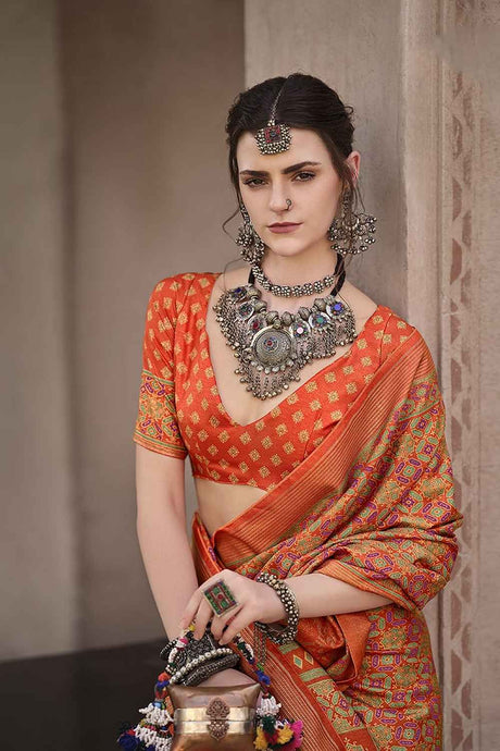 Orange Silk Printed Saree