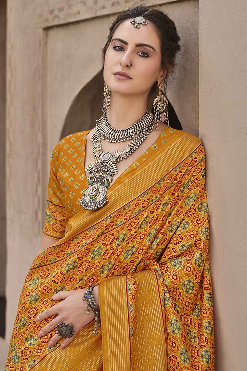 Orange Silk Printed Saree