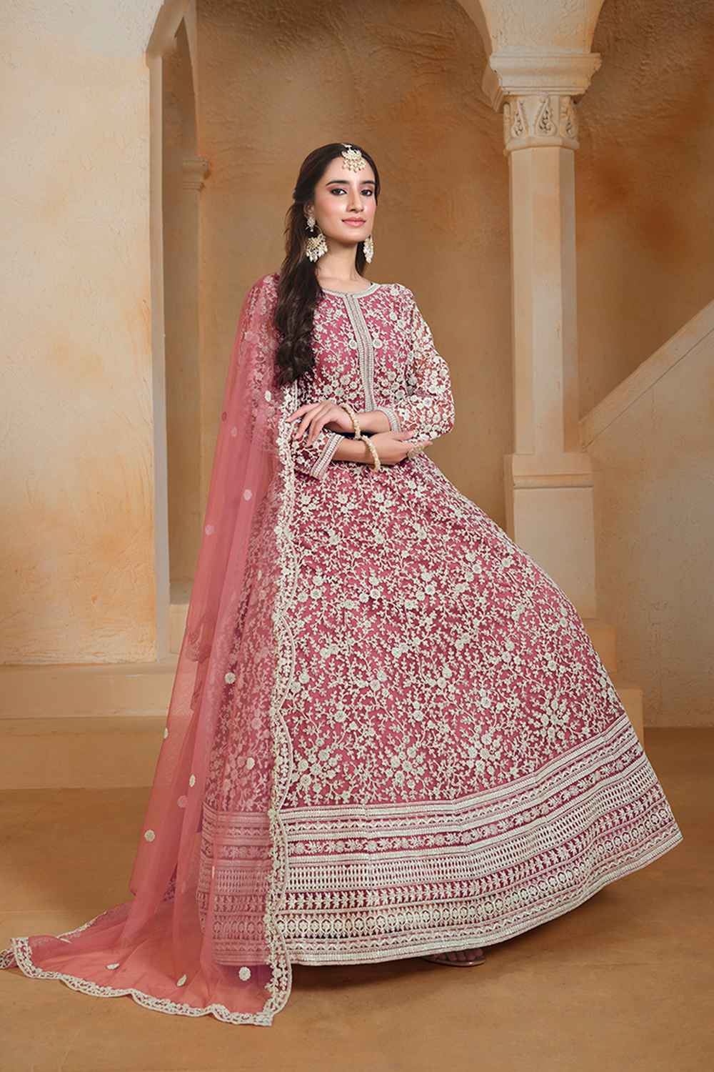 Pink Embroidered Net Salwar Suit