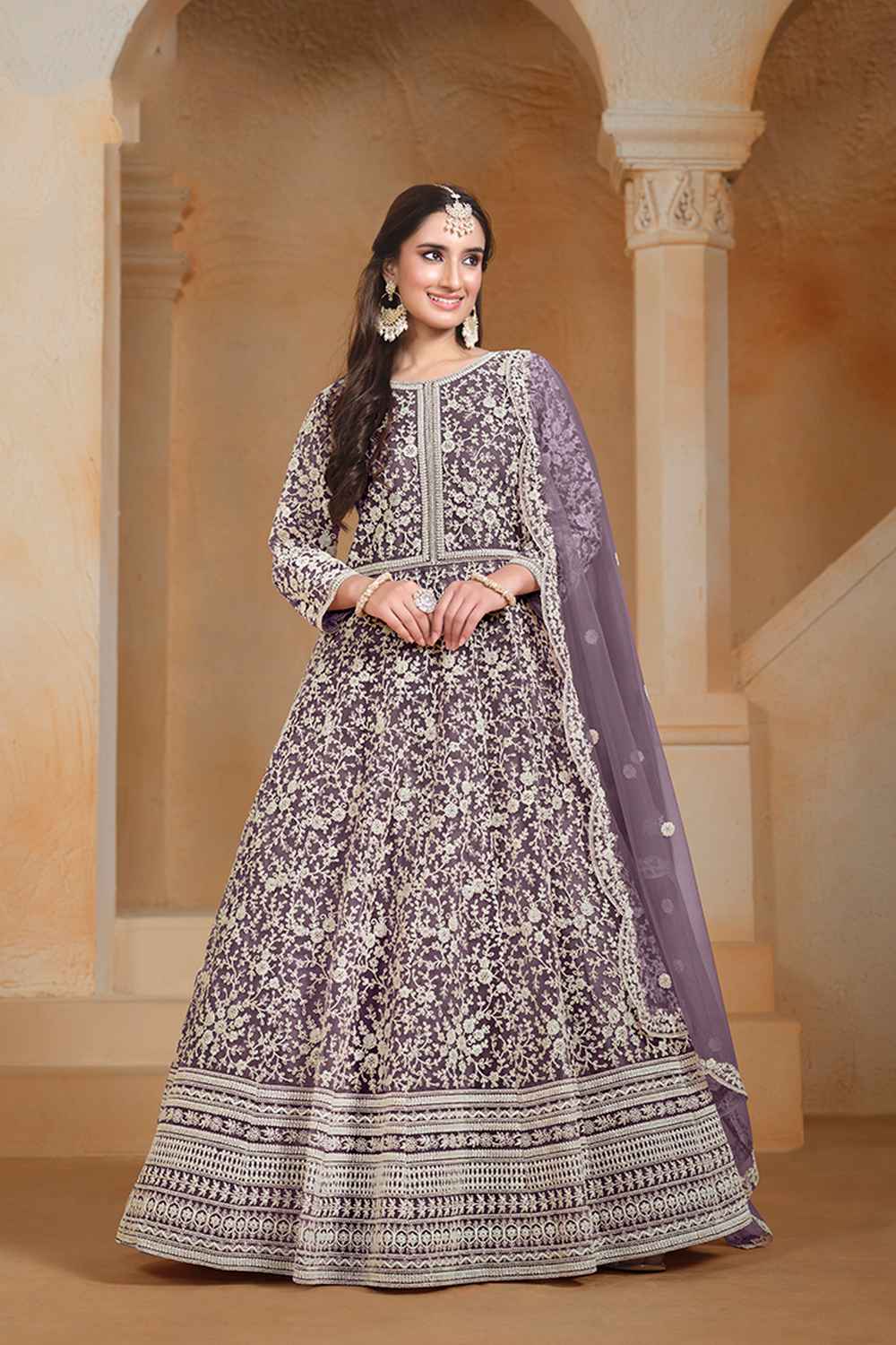 Violet Embroidered Net Salwar Suit