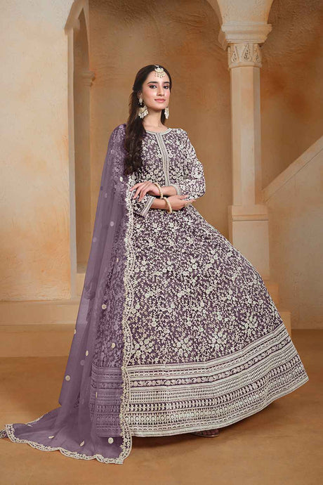 Violet Embroidered Net Salwar Suit