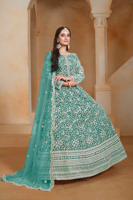 Turquoise Embroidered Net Salwar Suit