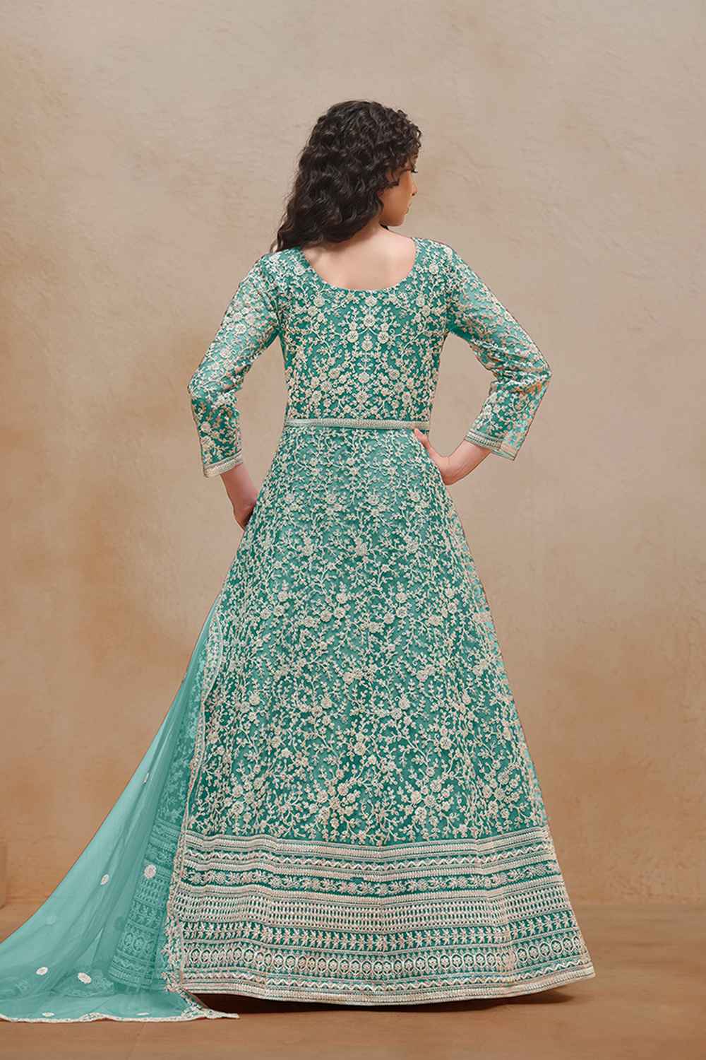 Turquoise Embroidered Net Salwar Suit