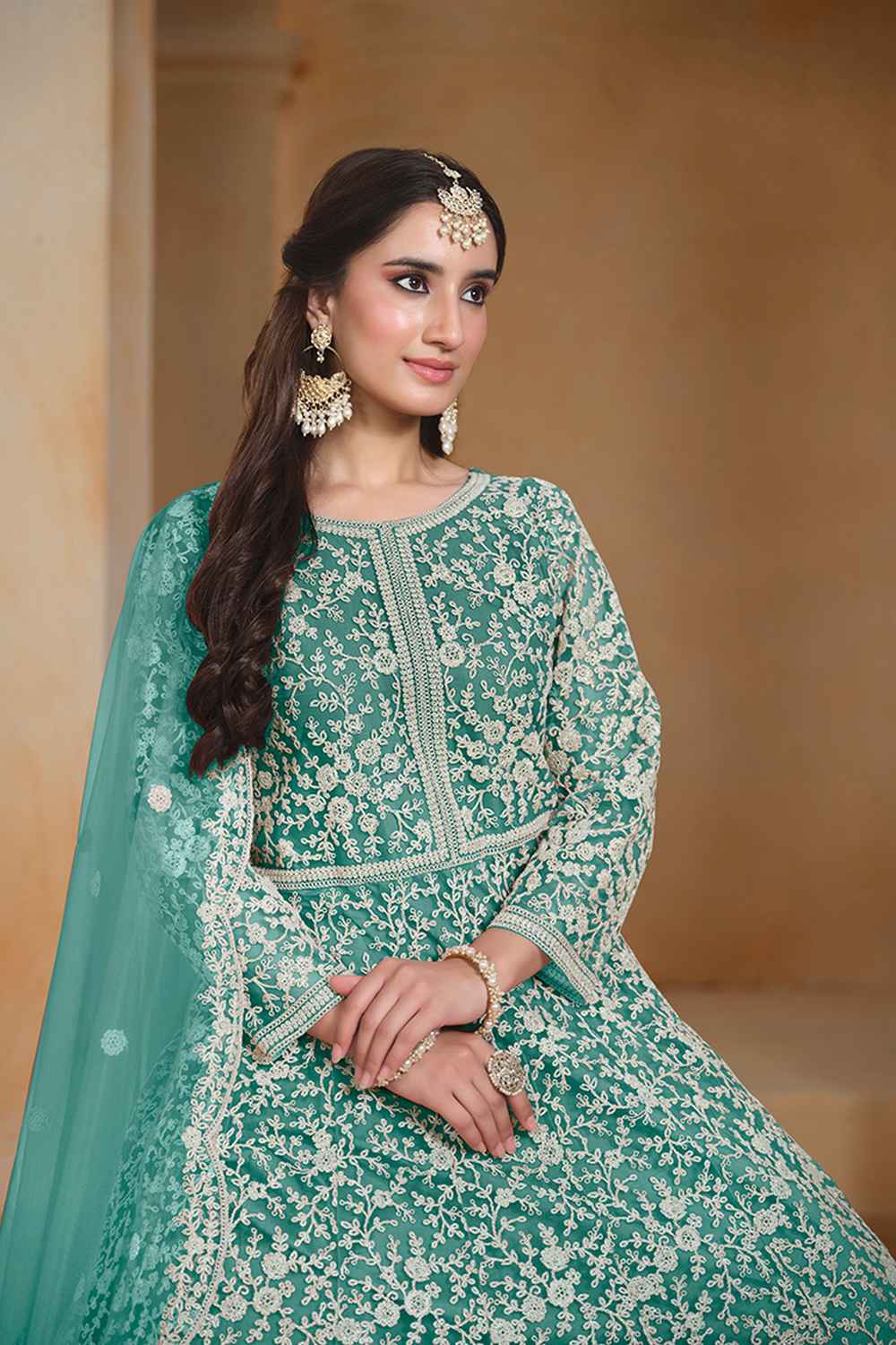 Turquoise Embroidered Net Salwar Suit