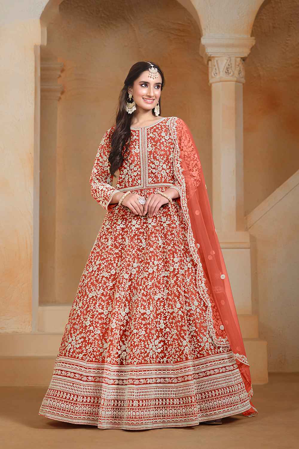 Red Embroidered Net Salwar Suit