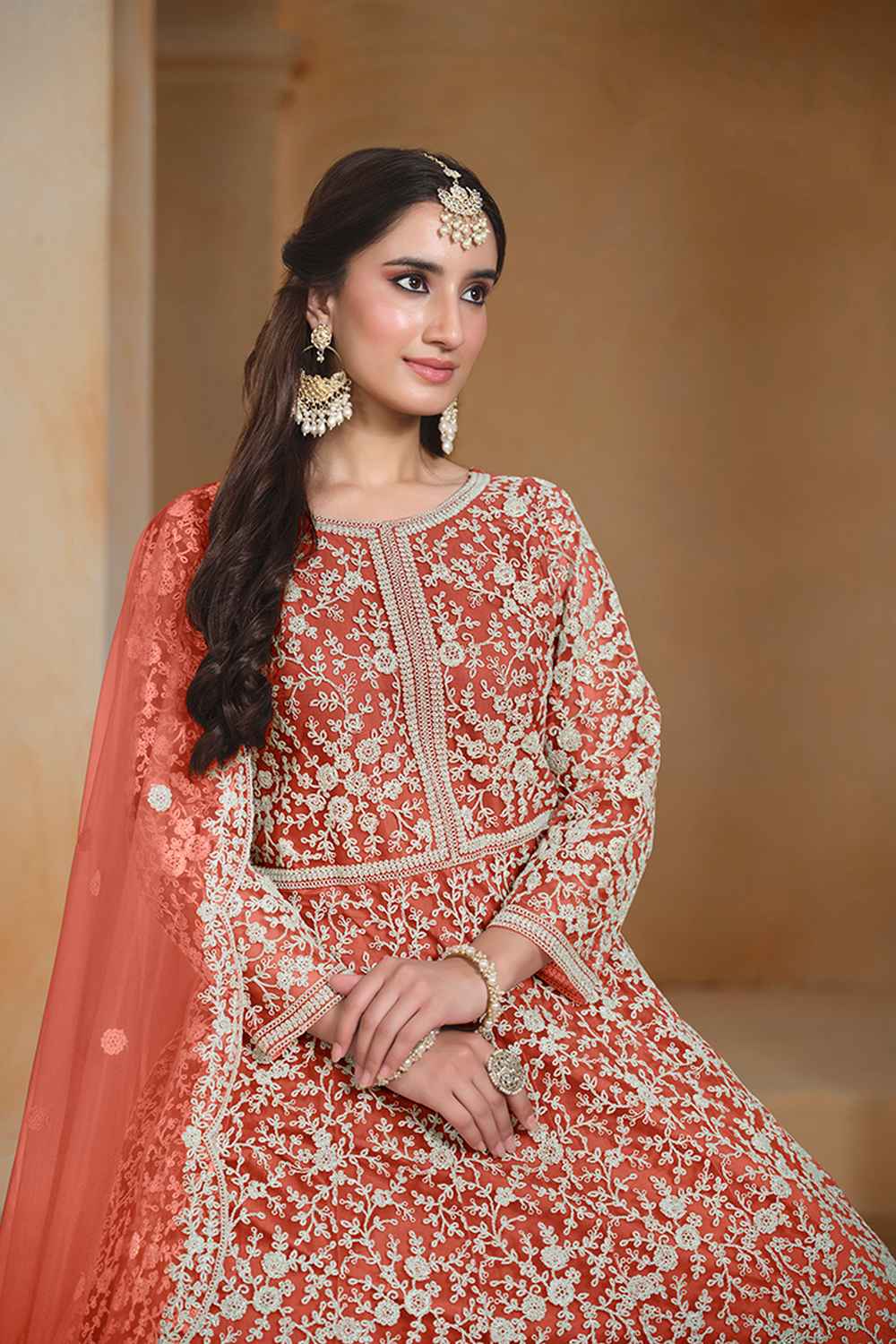 Red Embroidered Net Salwar Suit