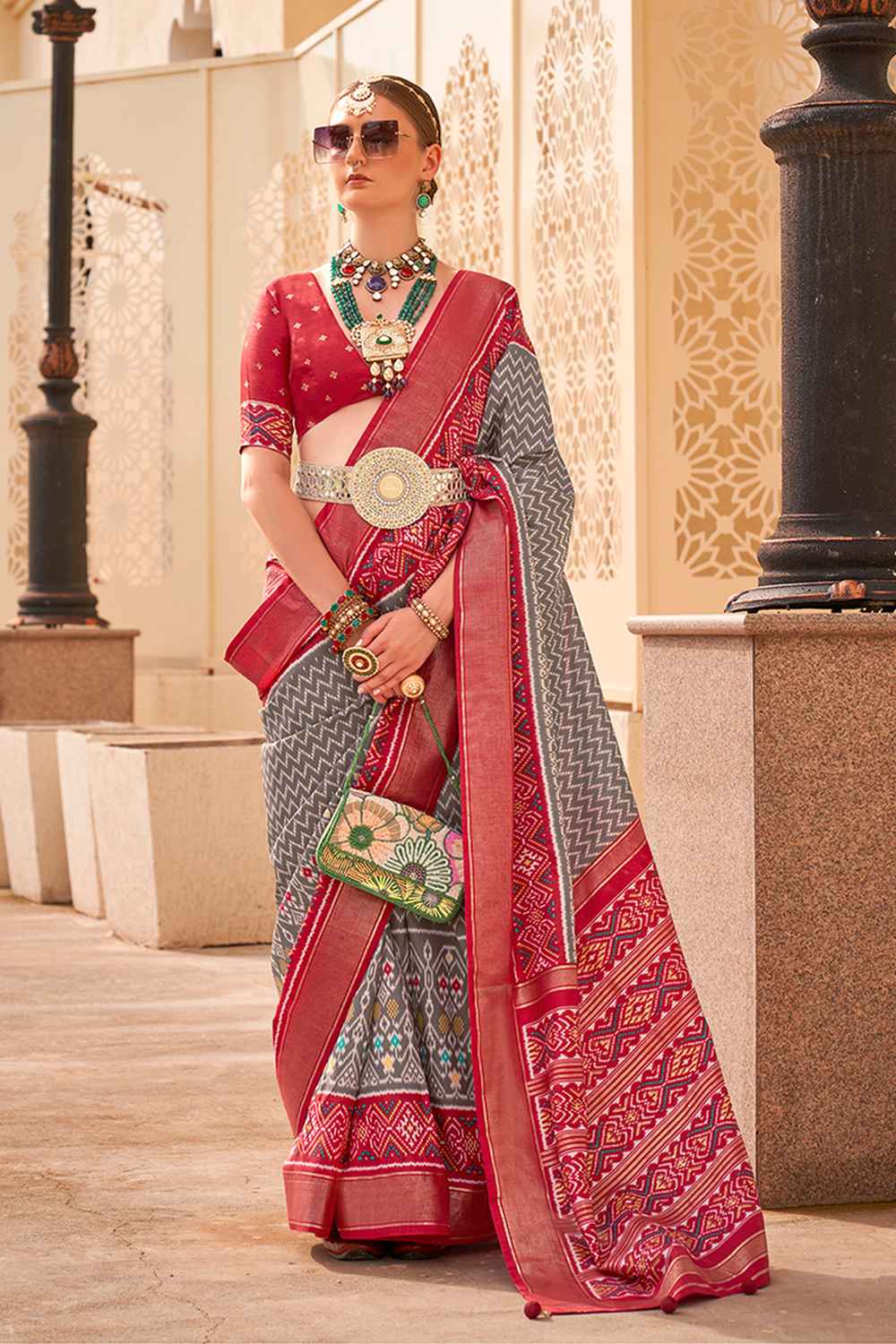 Grey Silk Printed Saree