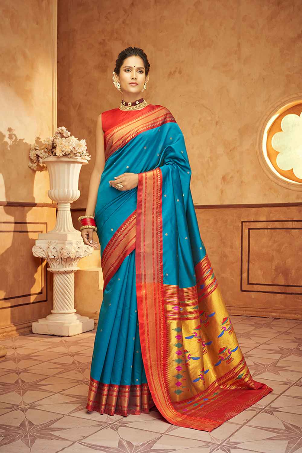 Turquoise Silk Woven Saree