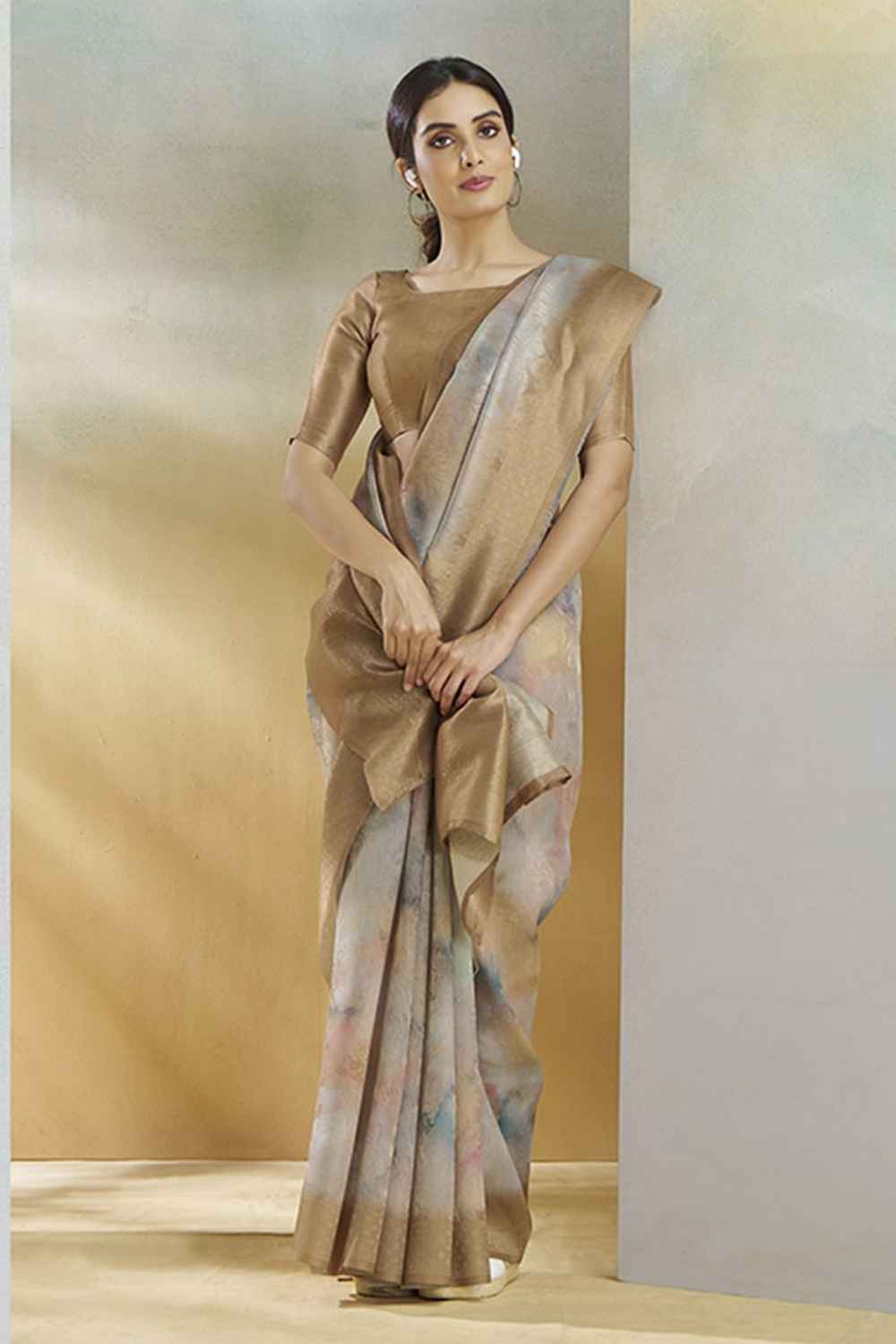 Beige Silk Printed Saree