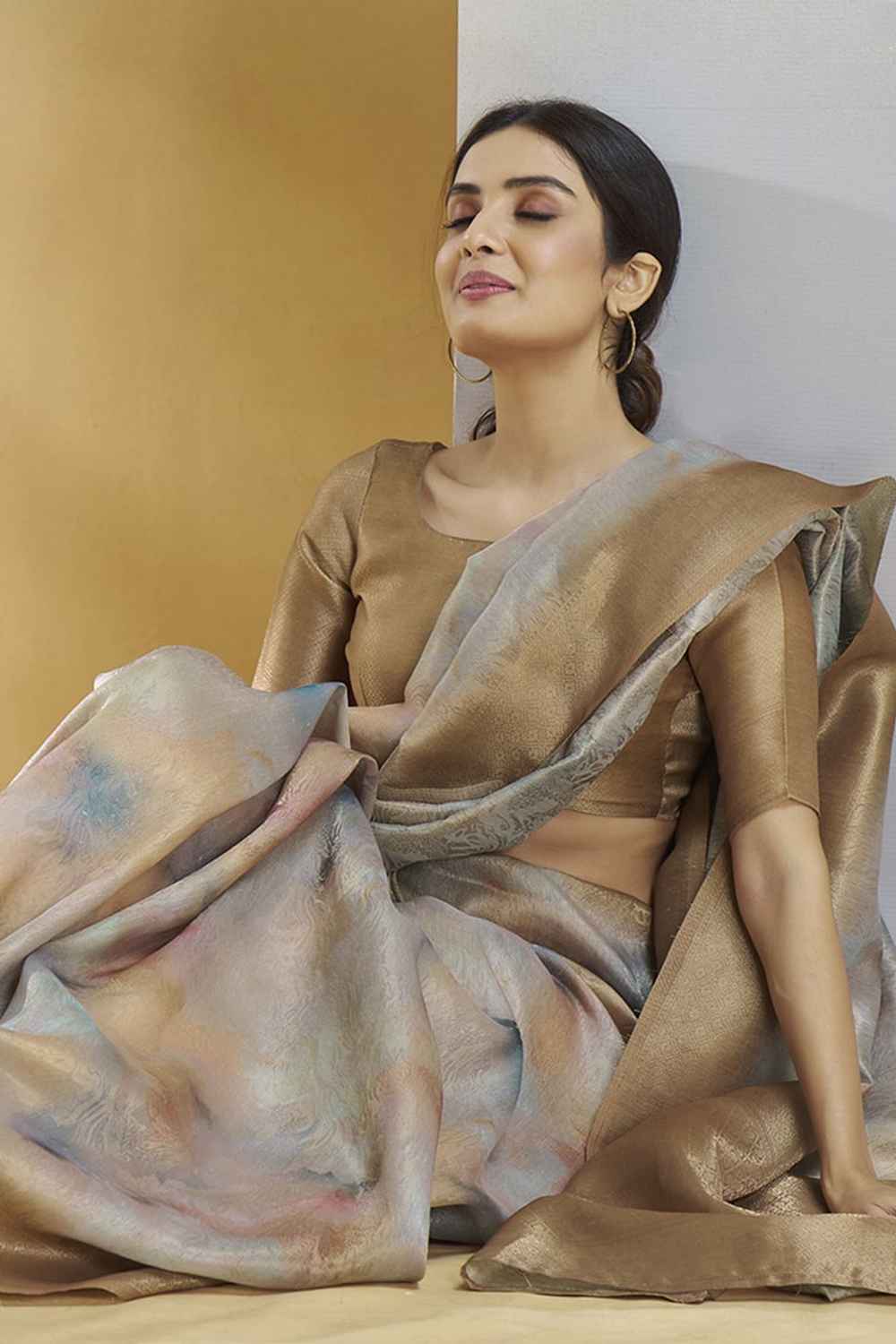 Beige Silk Printed Saree