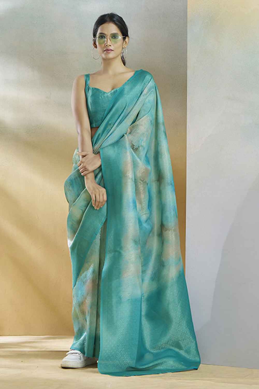 Turquoise Silk Printed Saree