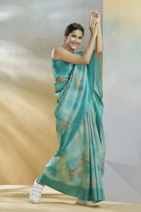 Turquoise Silk Printed Saree