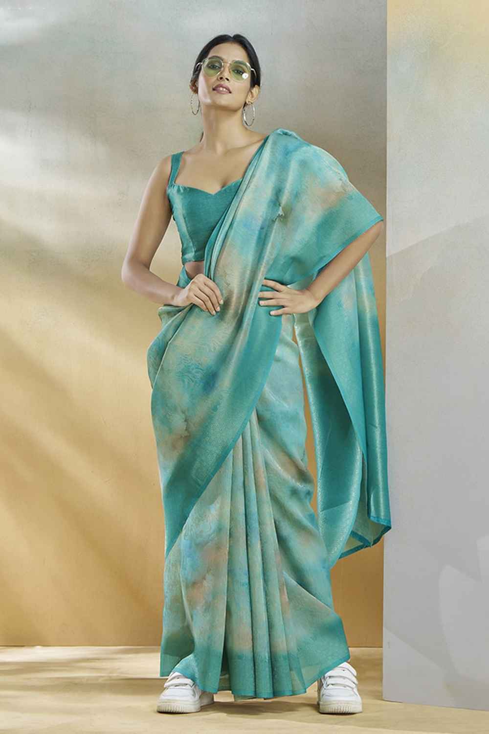 Turquoise Silk Printed Saree