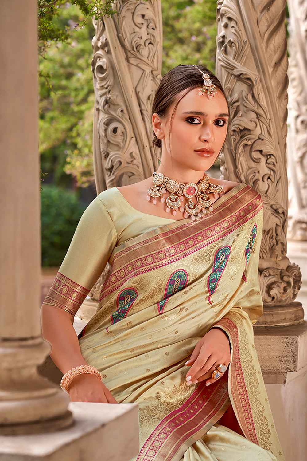 Beige Silk Woven Saree