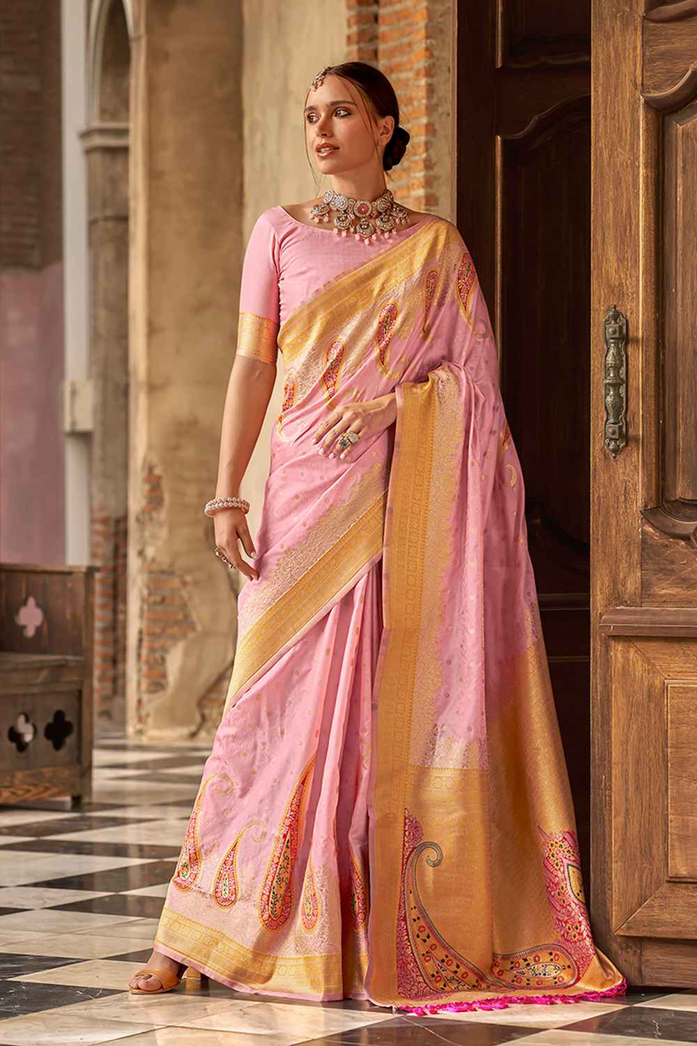 Pink Silk Woven Saree